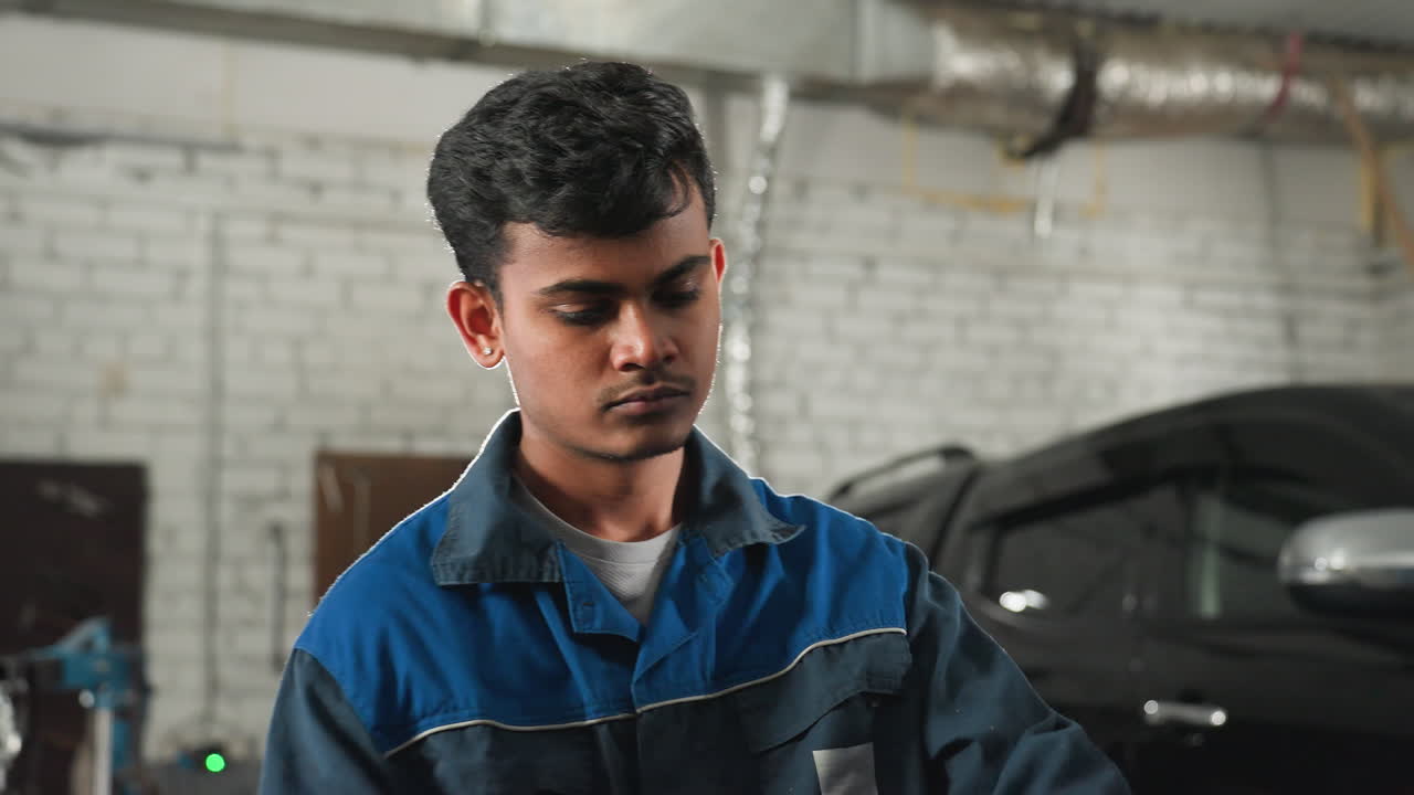ingeniero en uniforme azul trabajando en equipos en un taller de automóviles, brevemente se mantiene erguido, se limpia la frente, luego reanuda el trabajo, el fondo presenta herramientas industriales, maquinaria