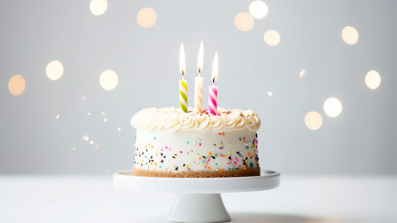 A close-up video shot of a festive birthday cake with lit candles, surrounded by soft bokeh lights