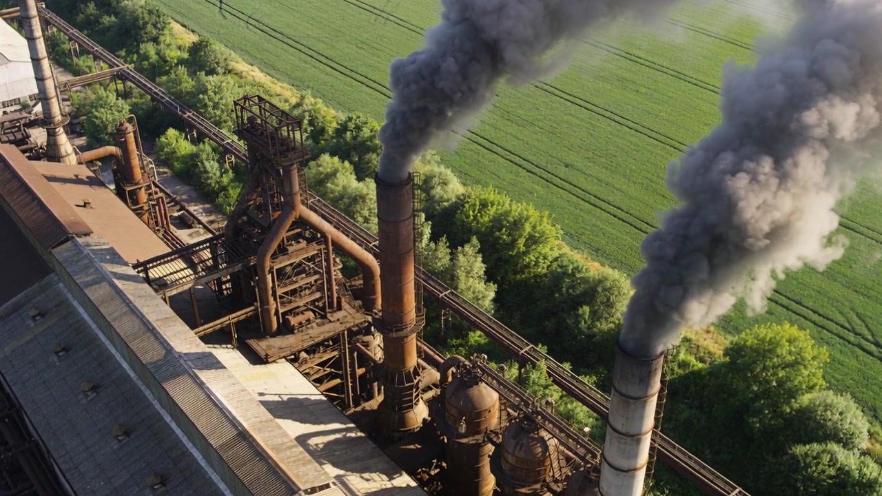 Due alte ciminiere che emettono fumo scuro, disperdendolo sui campi da un impianto industriale visto dall'alto, trasportato dalla brezza.