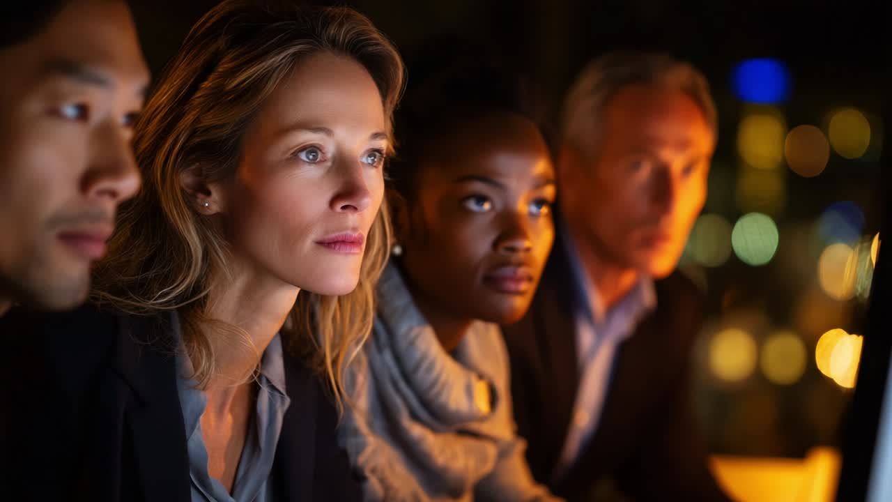 A diverse group of individuals focused on a digital screen in a dimly lit environment, showcasing engagement and collaboration as they analyze information, express thoughts, and share insights together