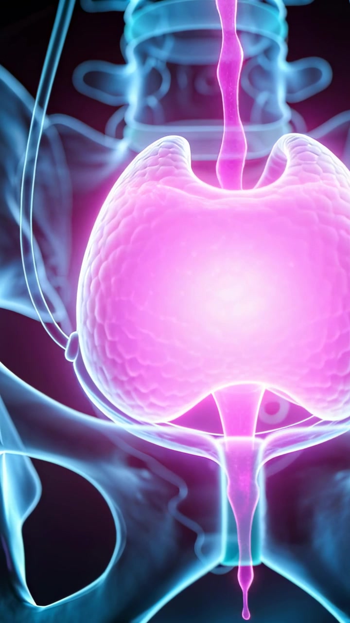 Vertical video: Appearing magenta fluid filling bladder in 3D pelvis, catheter, droplet forming