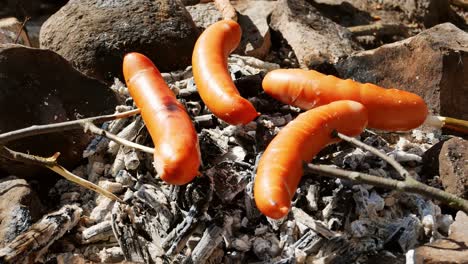 sausages deliciously barbecued over open charcoal fire using carved wooden sticks