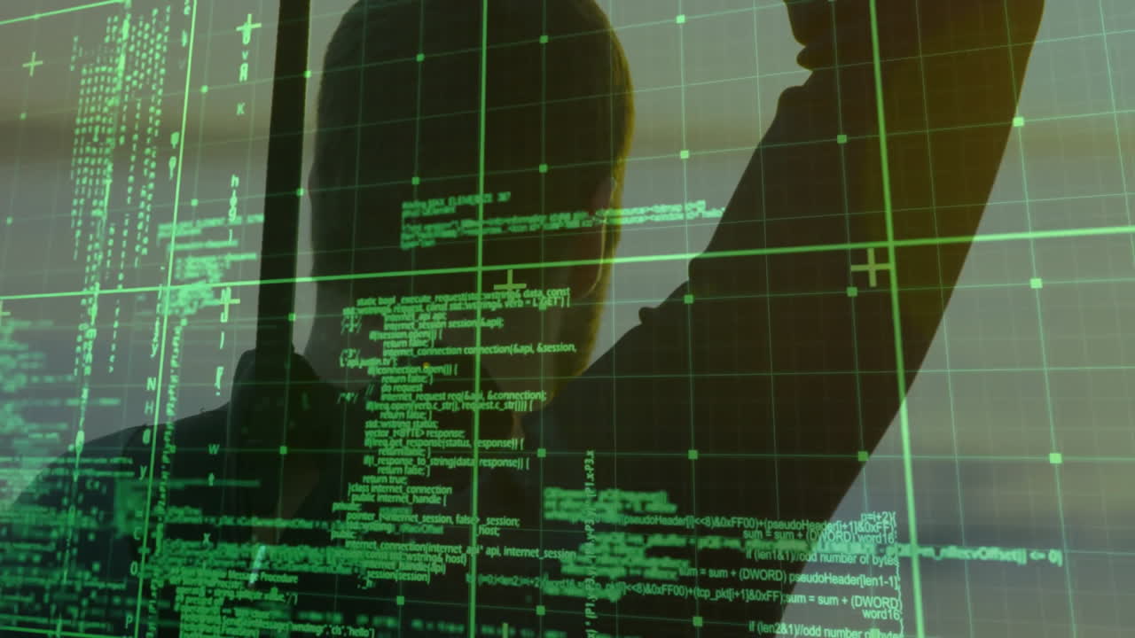 Animation of coding and data grid overlaying silhouette of person in school