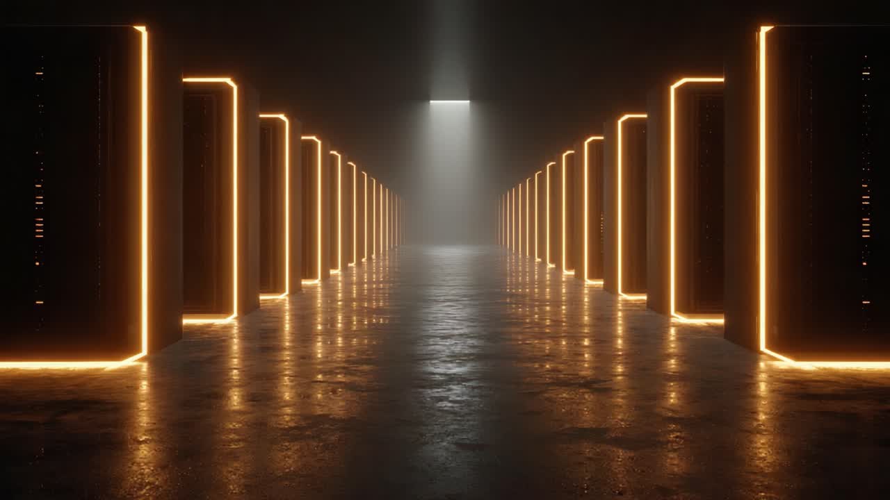An Enigmatic Hallway of Illuminated Data Servers Emerging from the Shadows, Reflecting a Mystical Atmosphere of Technology and Future Innovations