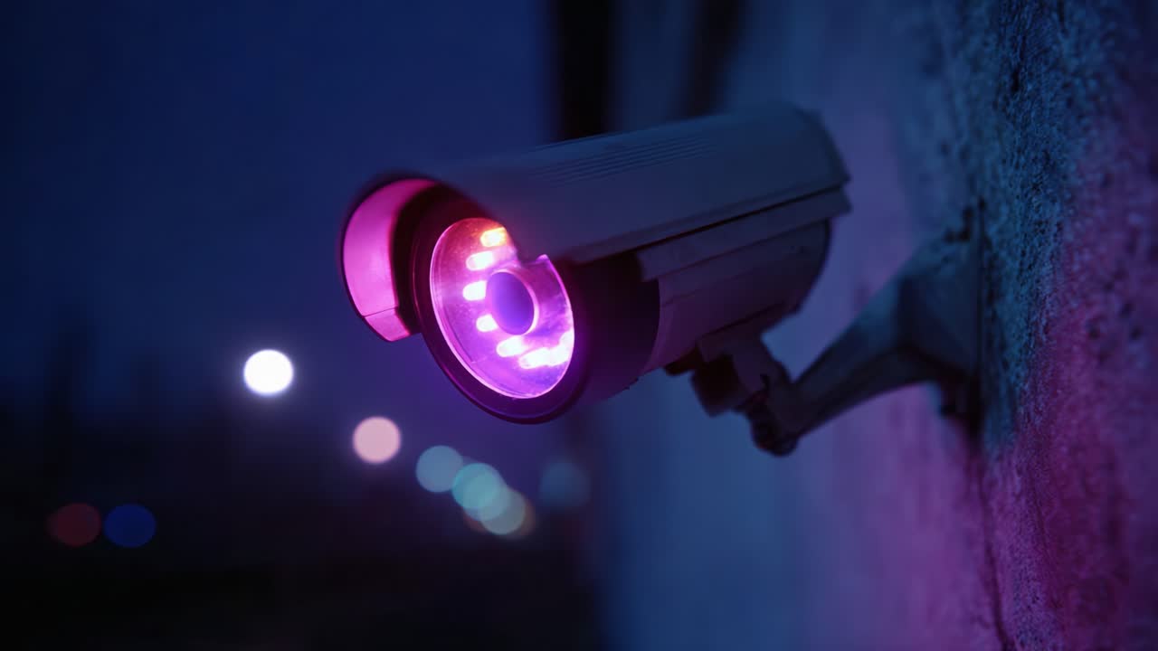 Vibrant Surveillance Camera at Night Captures Colorful LED Lights and Urban Ambiance, Enhancing Security and Monitoring in a Contemporary Setting