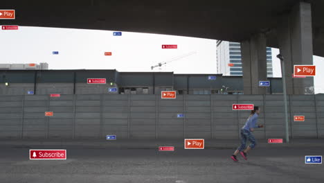 social media buttons animation over person skateboarding in urban area