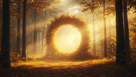A Mystical Circular Portal Surrounded by Vibrant Autumn Foliage in a Serene Forest Setting, Bathed in Warm Golden Light, Creating a Dreamlike Atmosphere