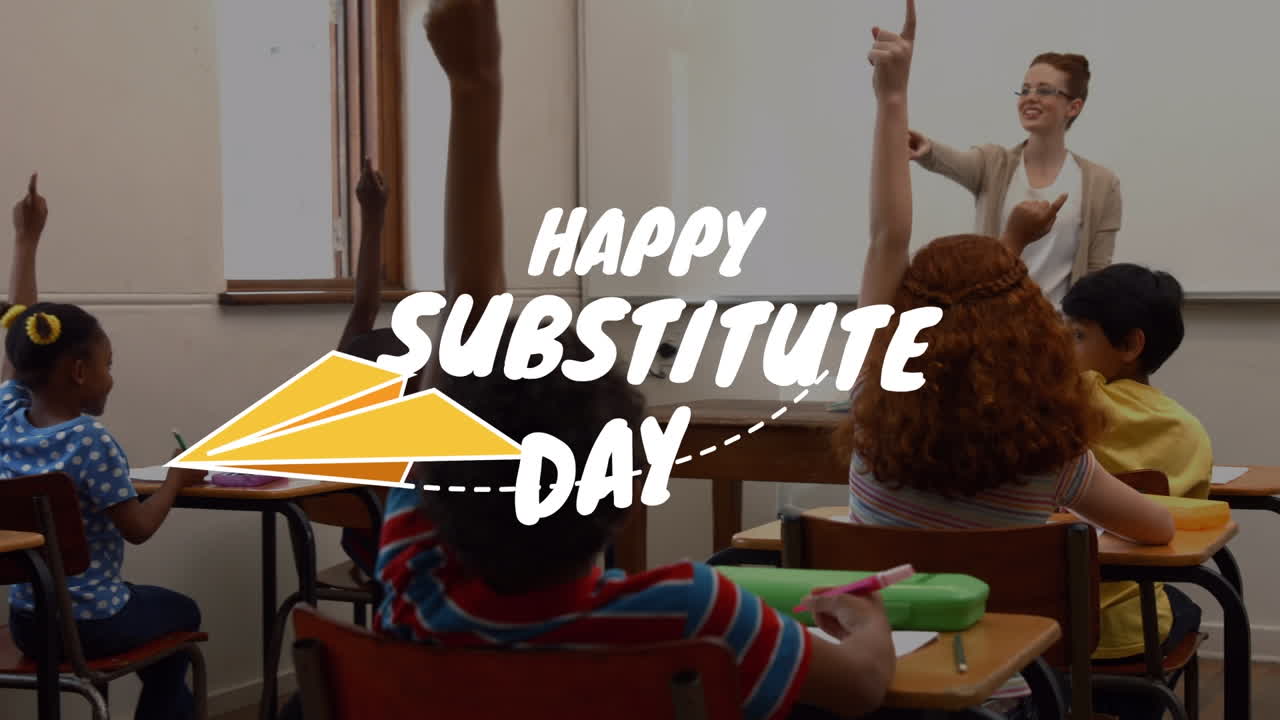 웃는 백인 여성 선생님과 함께 학교 학생들을 대상으로 행복한 대리인 날 텍스트의 애니메이션