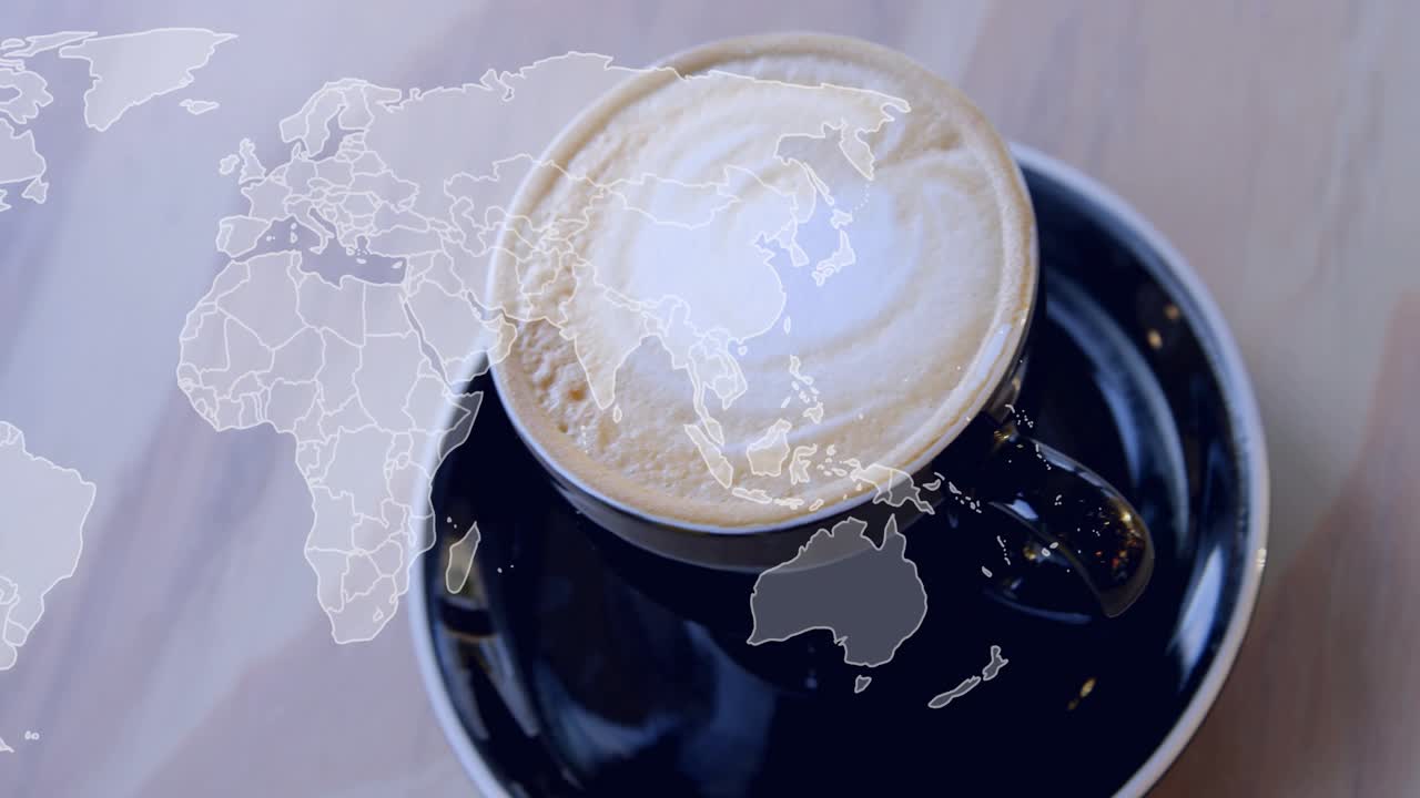 Americas outline appearing above coffee cup, then continents expanding to visualize coffee link
