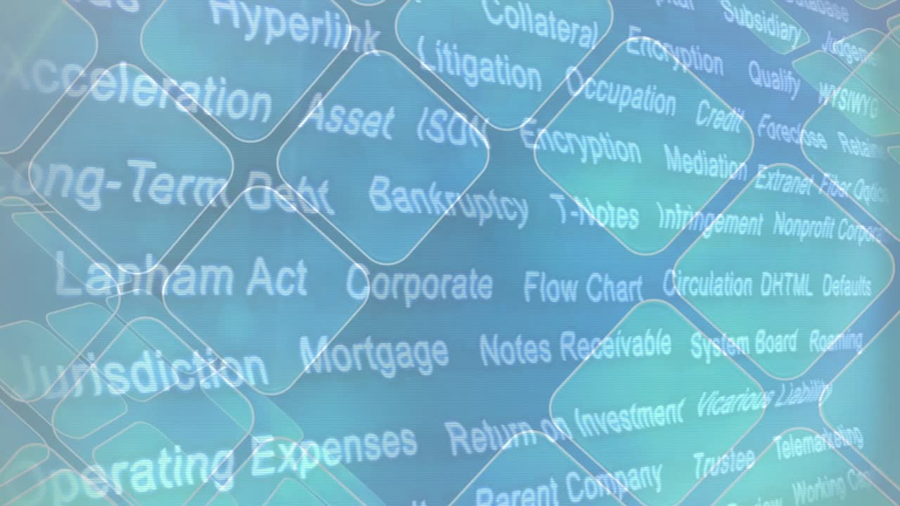 Animation of financial texts over blue squares on blue background