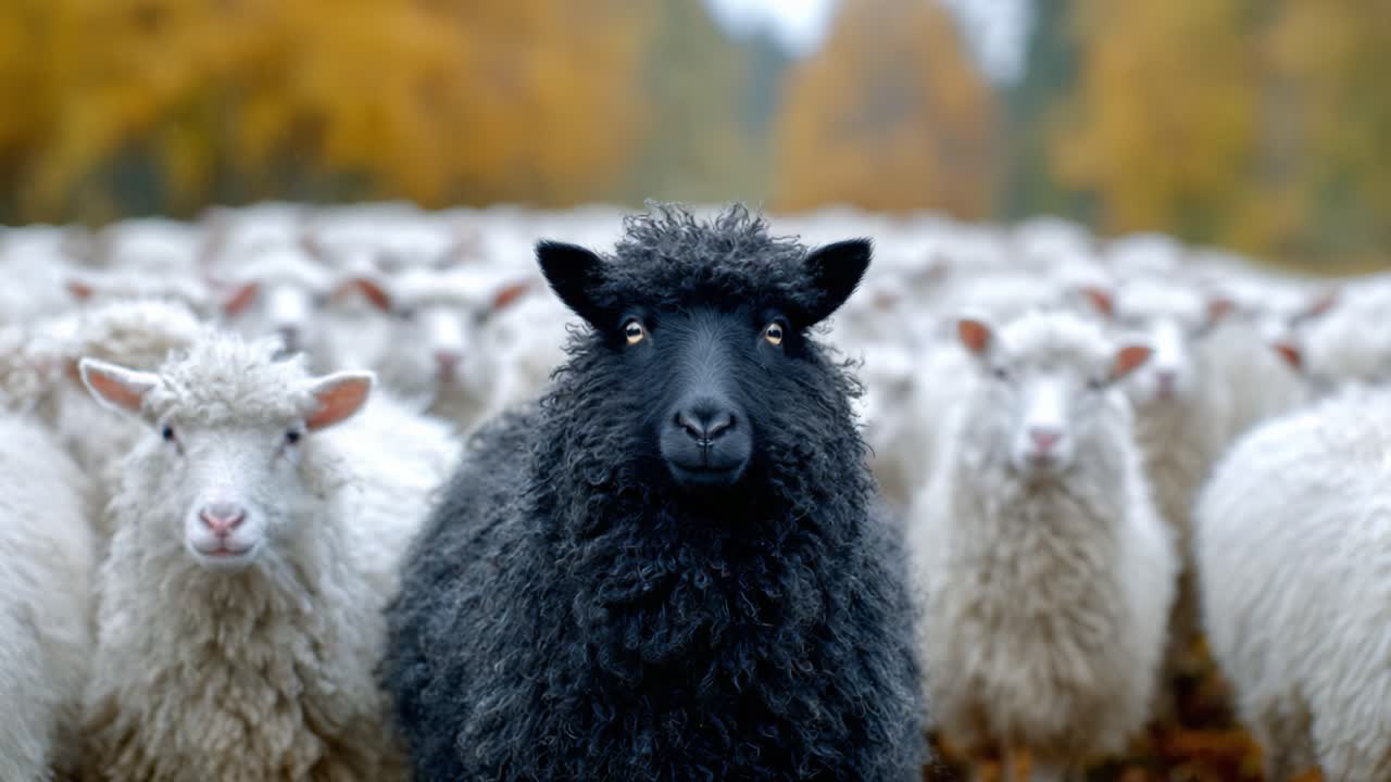 A striking black sheep stands out boldly against a backdrop of white sheep, showcasing individuality and contrast within a serene pastoral landscape