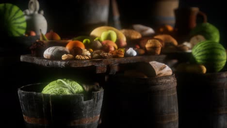 food table with wine barrels and some fruits, vegetables and bread