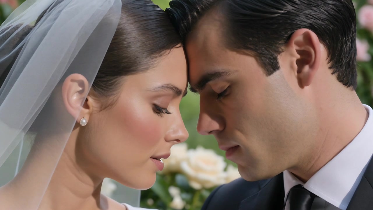 Pasangan yang berdekatan dahi dalam bingkai potret, menundukkan mata dengan latar belakang mawar, mengenakan gaun berkerudung.