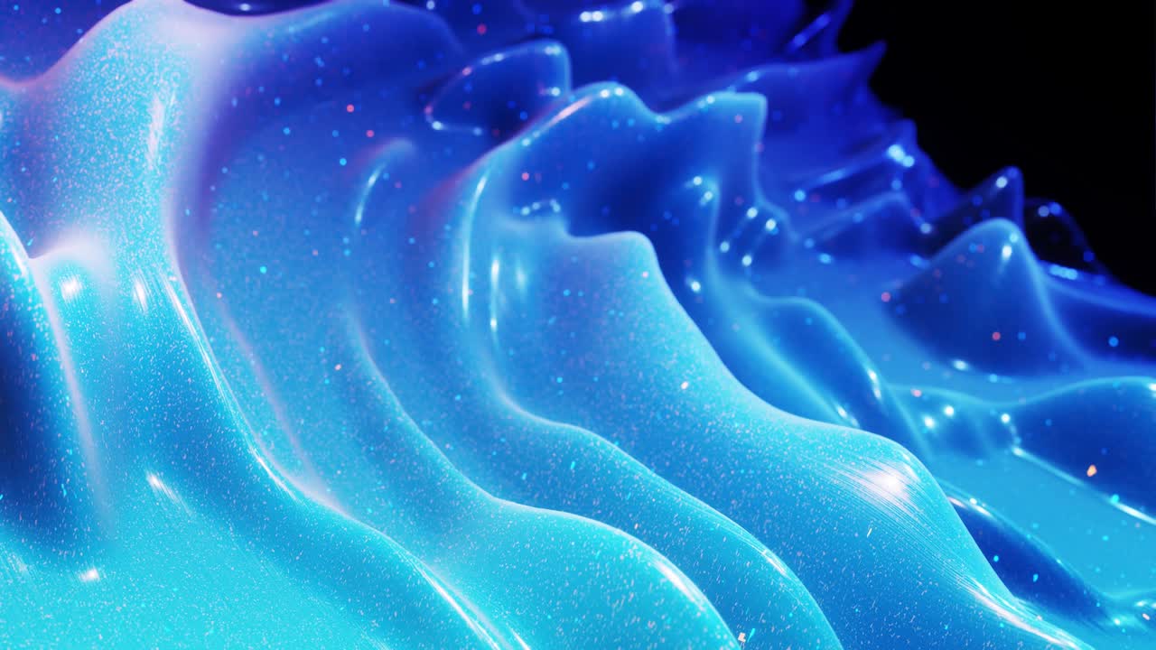 fantastical festive blue bg. Stylish abstract looped background, waves move on glossy surface like landscape made of liquid blue wax with sparkles. Beautiful soft background with smooth animation 4k