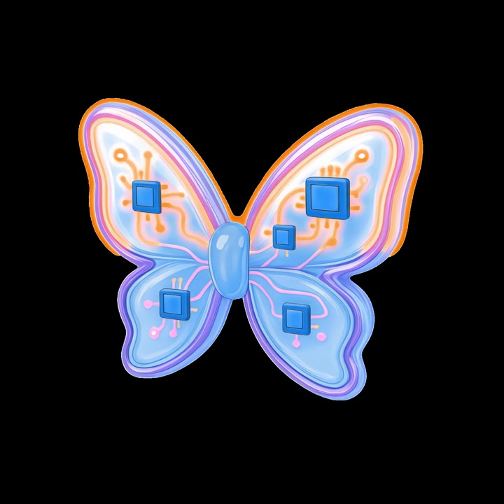 Animated Digital Butterfly Icon with Integrated Microchips and Pulsating Glow