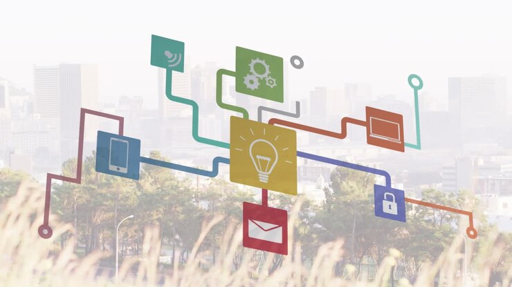 Animation of network of digital icons against aerial view of cityscape