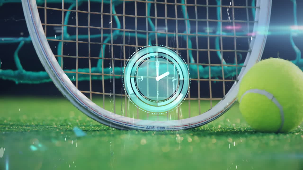 3D tennis racket head leaning against net on grass court with digital clock overlay, rain falling