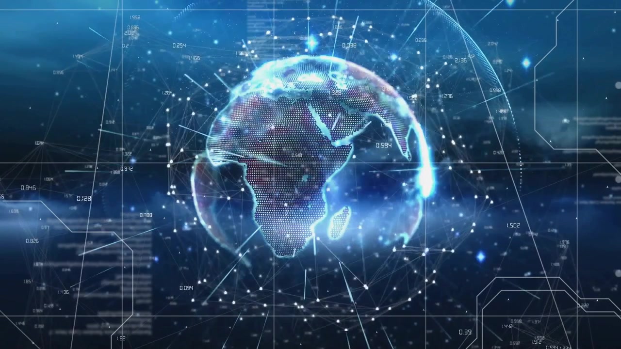 When holographic Earth fading in, globe rotating with web and data labels visualizing connectivity