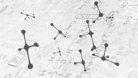 Digital-animation-of-chemical-structures-spinning-against-chemical-formulas-on-white-background