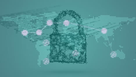 animation of online security padlock, networks of connections over world map