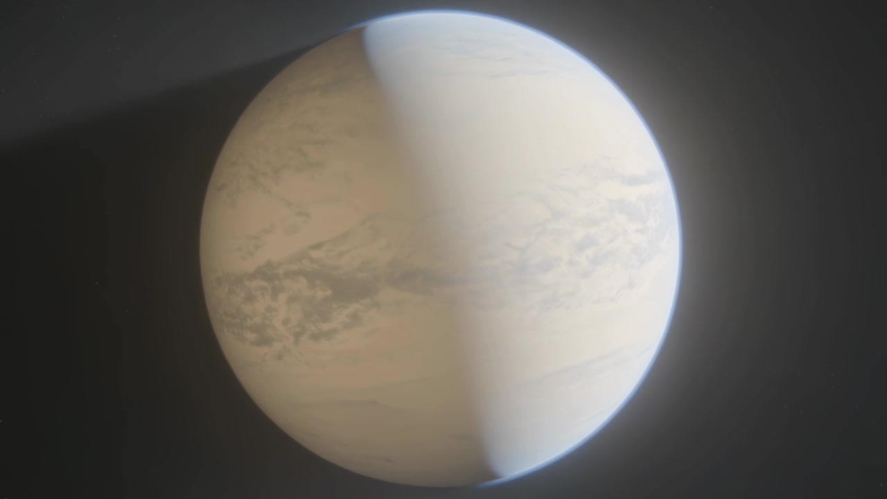 Rotating planet revealing more lit disk as terminator shifting right, showing cloud bands in space