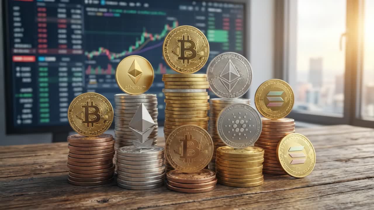 Monete di criptovaluta impilate con grafici finanziari e vista sulla città