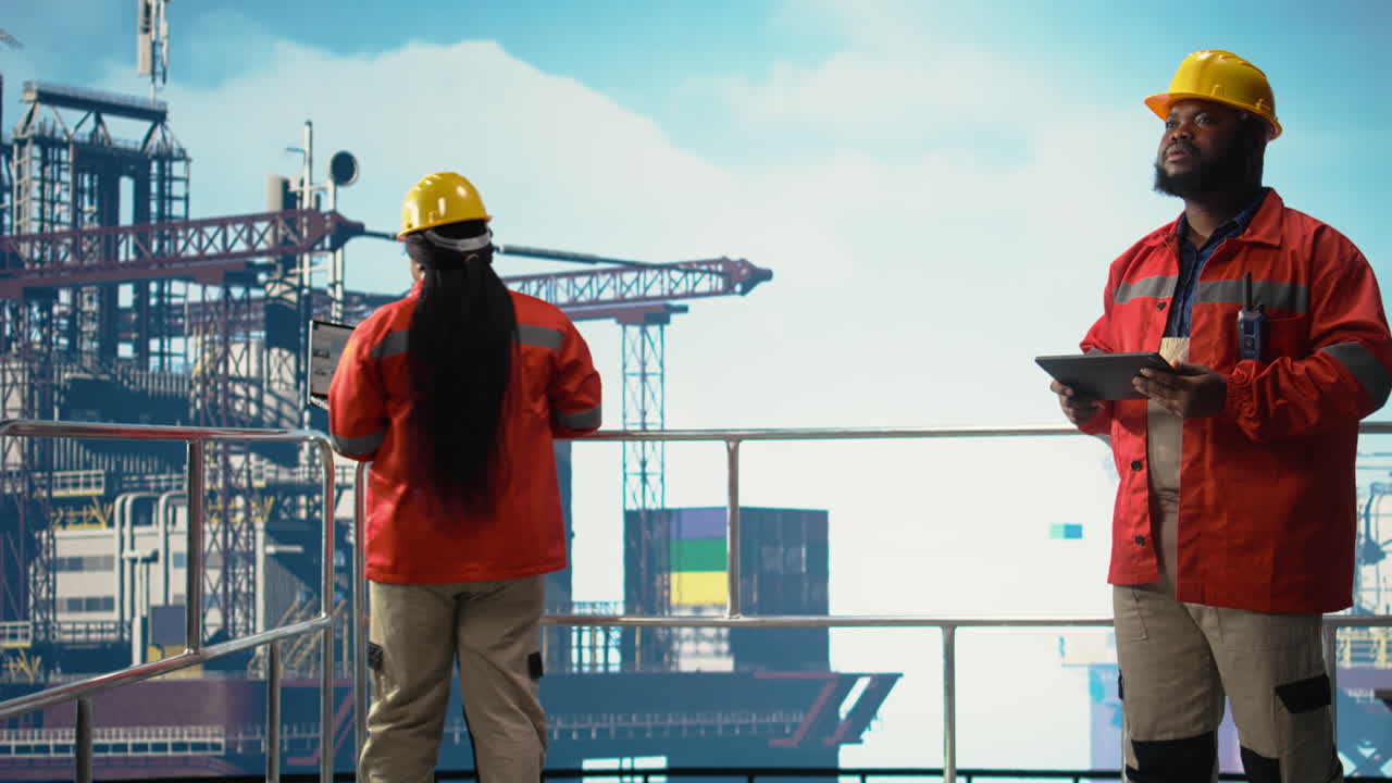 Vertical video Drilling rig engineering team evaluates ocean contamination prevention systems