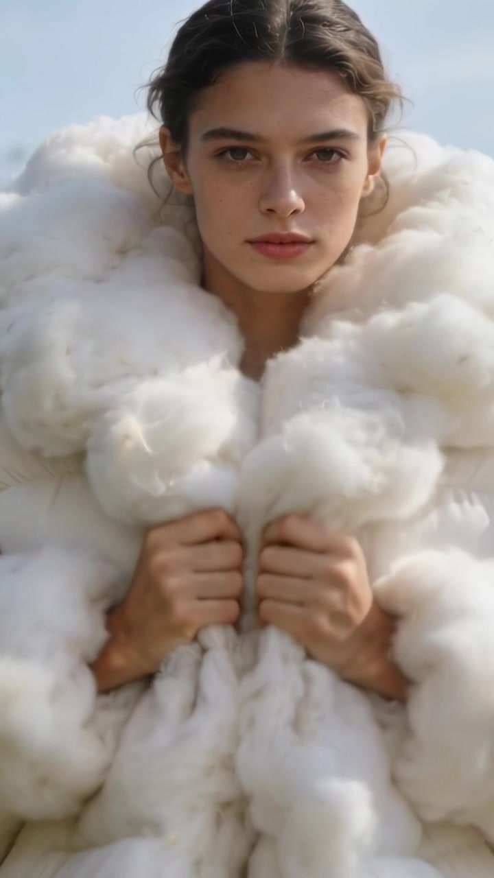 Video verticale: La telecamera riprende una modella che sistema un morbido cappotto bianco contro il cielo blu, rivelando un bralette