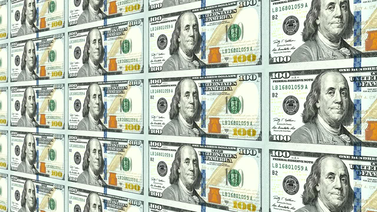 새로운 100 달러 지폐는 멀리 3d 관점에서 루프로 표시됩니다.