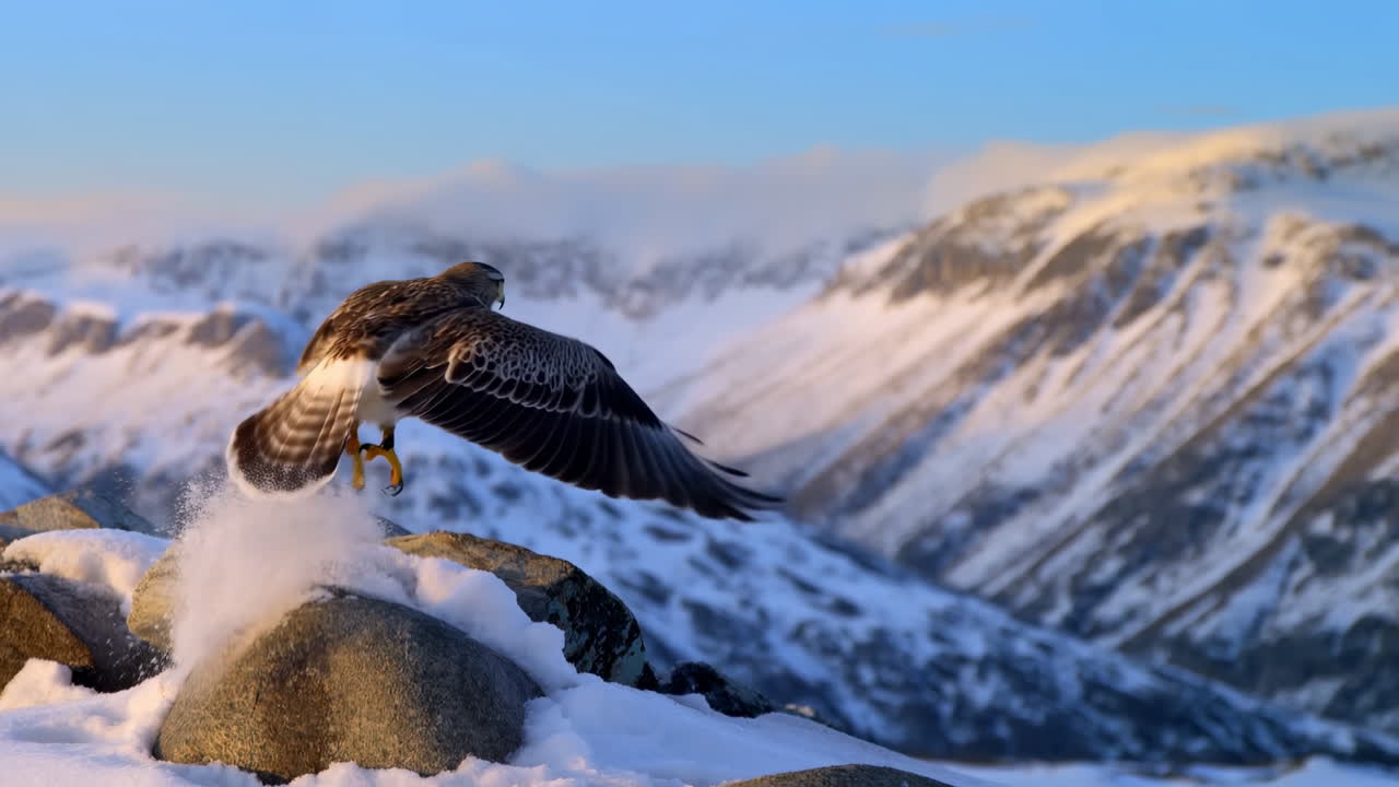 Maestoso falco spicca il volo dalla cima di una montagna innevata