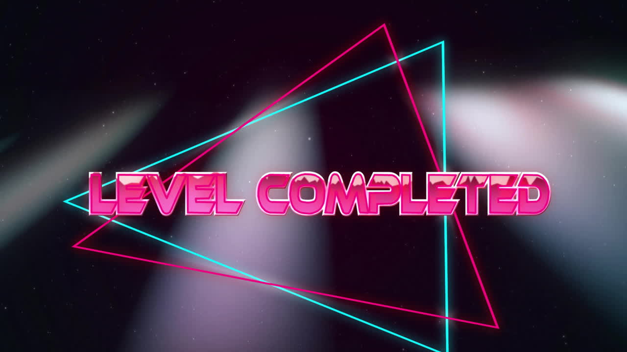 Neon-colored animation text Level Completed over geometric shapes on dark background