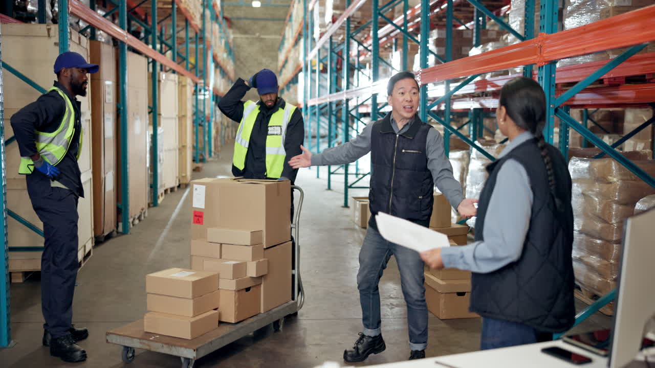 Trabajadores de almacén manipulando cajas e inventario