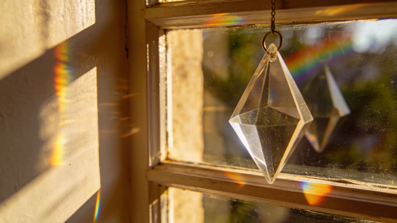 Luce solare cangiante che colpisce un prisma di cristallo sfaccettato su una catena metallica alla finestra, proiettando fasce arcobaleno.