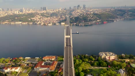 15 july martyrs bridge also known as bogazici bridge from istanbul turkiye aerial view with drone.