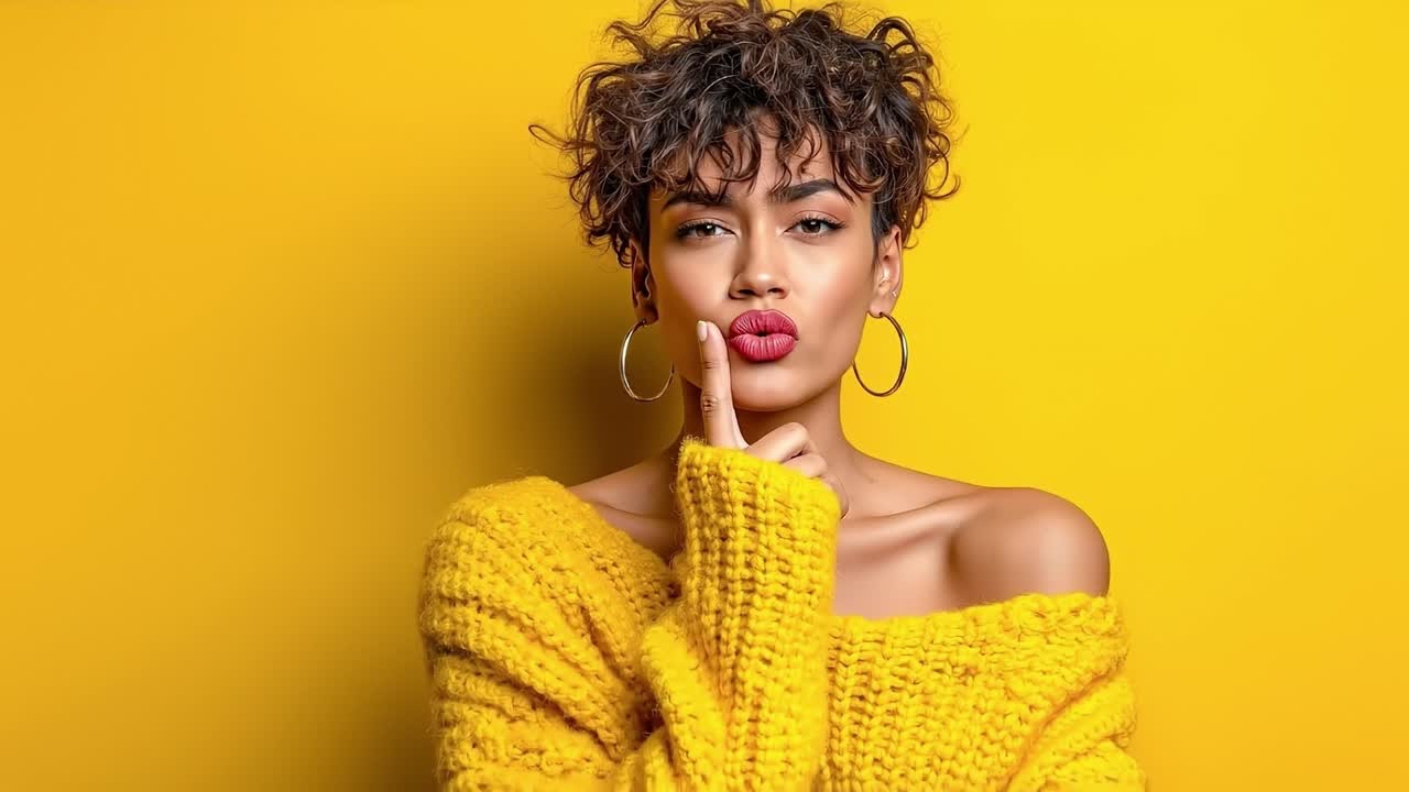 A woman in a yellow sweater posing for a picture