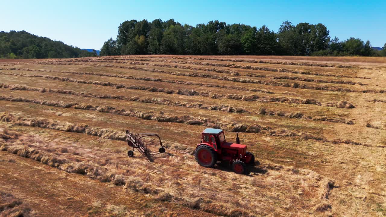 Carrellata aerea da sinistra a destra di un trattore rosso che rastrella la paglia in un campo coltivato, incorniciato da una lussureggiante foresta verde e cieli azzurri vivaci, che evidenzia l'agricoltura rurale attiva.