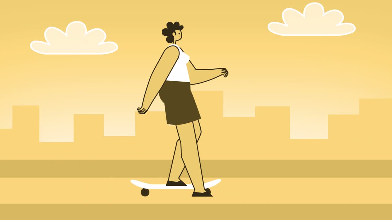 Yellow Style Woman Flat Character Riding a Skateboard. Isolated Loop Animation with Alpha Channel
