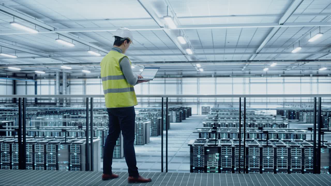 Data Center Engineer in High Visibility Vest Using Laptop Computer. Server Farm Cloud Computing Facility with Asian Male System Administrator Working with Data Protection Network for Cyber Security.