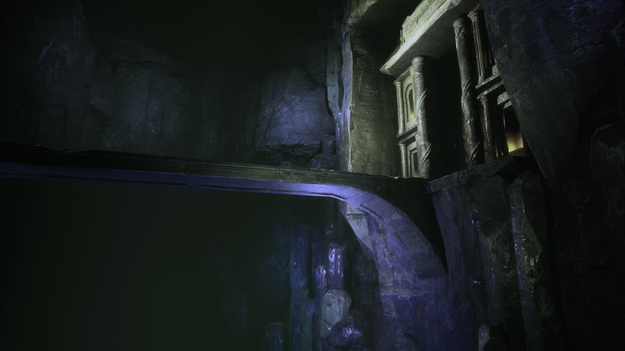 Mysterious cave with ancient structures illuminated by dim light