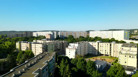 Beautiful-aerial-fly-over-real-estate-on-sunny-day-in-Zaspa,-Gdansk,-Northern-Poland