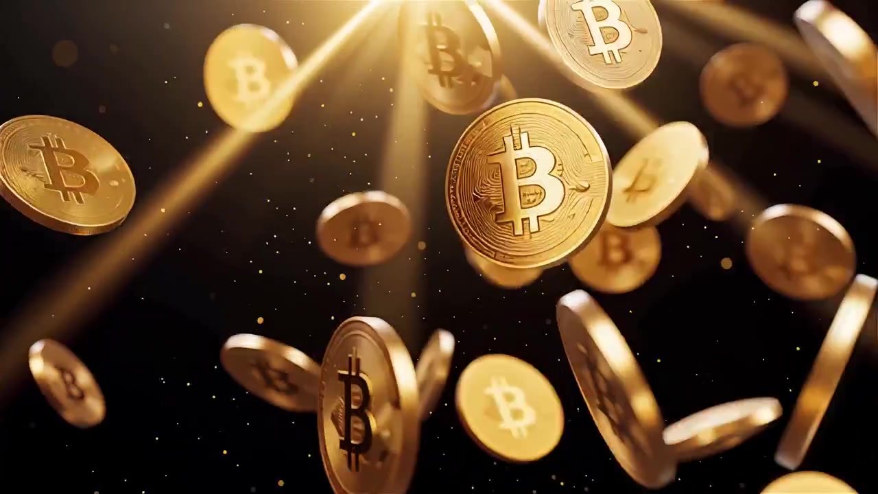 Bitcoin in rotazione su sfondo nero drammatico 4k