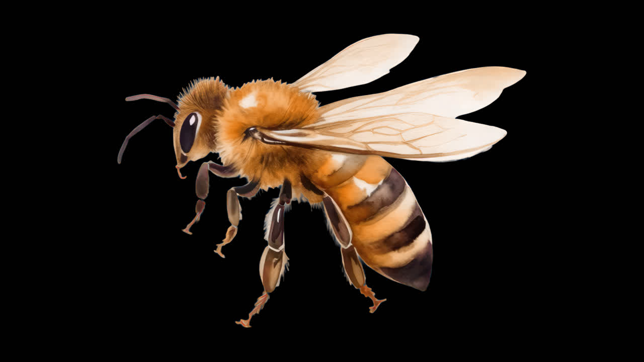Detailed illustration of honeybee animation isolated asset, transparent 4K video, alpha channel