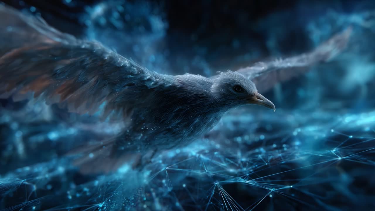 Un maestoso uccello digitale in volo, circondato da una straordinaria gamma di modelli di luce blu e motivi tecnologici, che rappresenta la libertà e l'innovazione in un paesaggio virtuale ipnotico