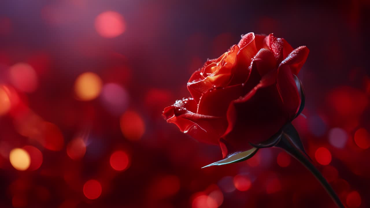 A Stunning Close-Up of a Red Rose Glimmering with Dew Drops Against a Background of Soft Bokeh Lights, Symbolizing Beauty and Love in Nature's Perfect Scene