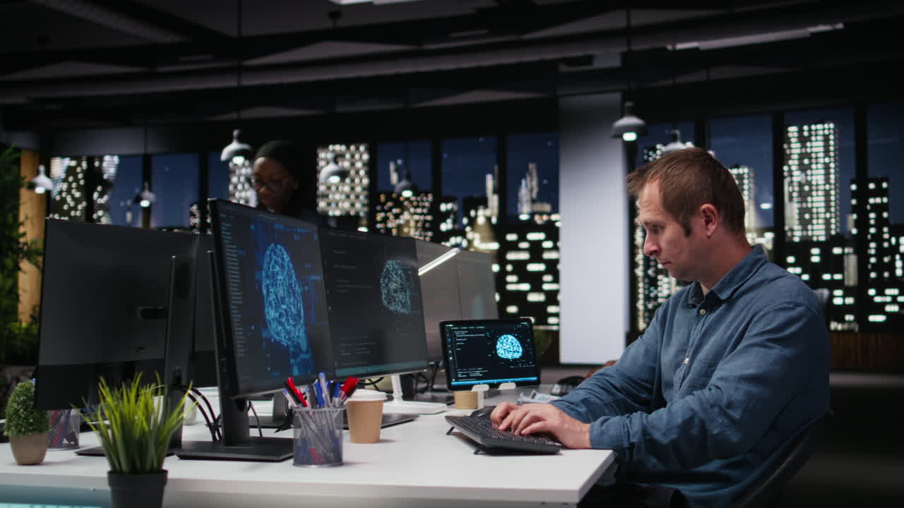 Team of Developers Working Late in Modern Office