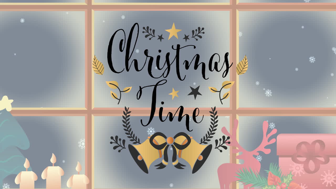 겨울 눈이 내린 창문 위에 크리스마스 시간 텍스트의 애니메이션