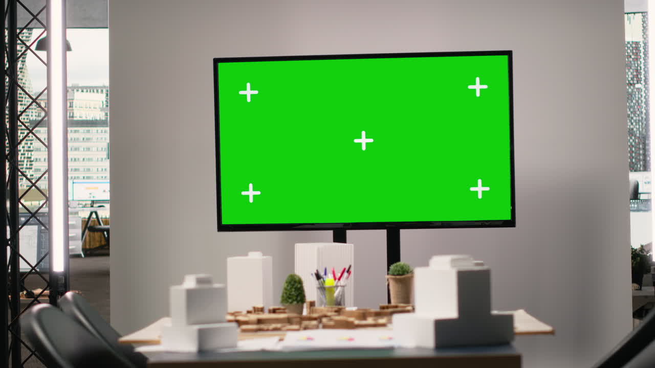 Empty real estate office space with 3D software and chroma key display