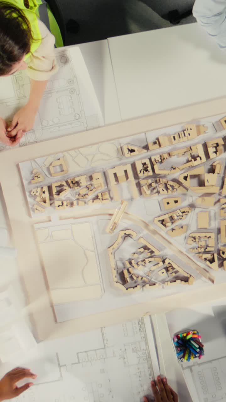 Vertical Video Top down view zoom out of property developers and architects in meeting