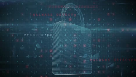 animation of security padlock and data processing over navy background
