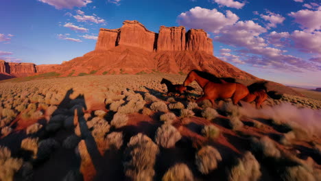 wild horses galloping through a desert with red rock buttes